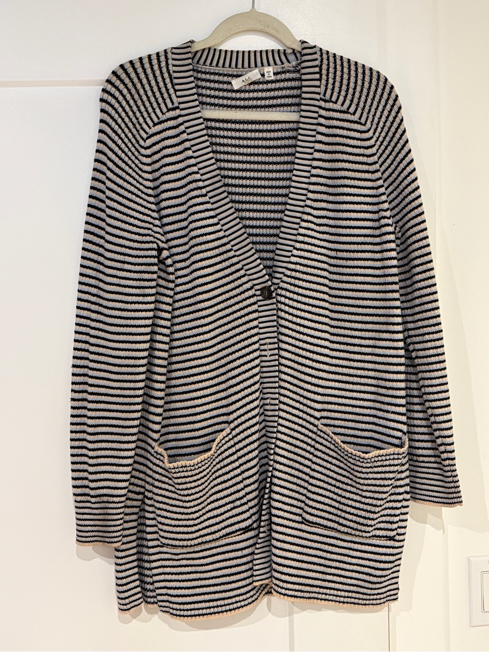 A.L.C. Black and Cream Striped V‑Neck Sweater Cardigan and matching shorts